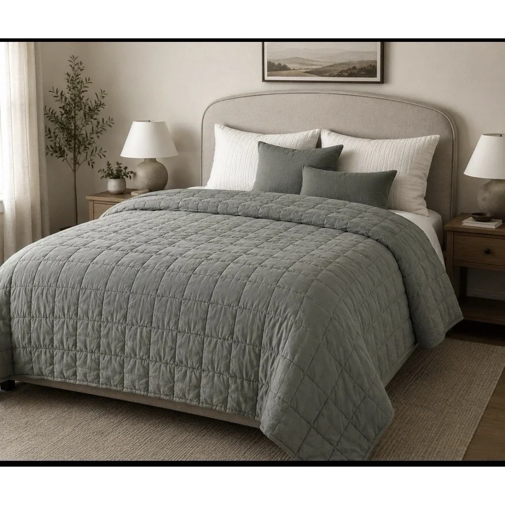 New Pottery Barn Pick-Stitch Handcrafted Full/Queen Quilt Loden Eucalyptus